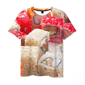 Мужская футболка 3D с принтом Роллы в Кировске, 100% полиэфир | прямой крой, круглый вырез горловины, длина до линии бедер | еда | роллы | суши