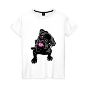 Женская футболка хлопок с принтом Забавный мопсик в Кировске, 100% хлопок | прямой крой, круглый вырез горловины, длина до линии бедер, слегка спущенное плечо | animal | dog | pet | pug | puppy | арт | животные | милые | мопс | пес | собаки | французский бульдог