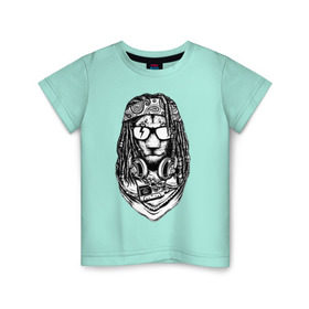 Детская футболка хлопок с принтом Лев растаман в Кировске, 100% хлопок | круглый вырез горловины, полуприлегающий силуэт, длина до линии бедер | reggae | бандана | брейды | дреды | музыка | наушники | очки | платок | повязка | регги