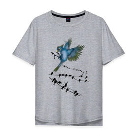Мужская футболка хлопок Oversize с принтом Ласточка в Кировске, 100% хлопок | свободный крой, круглый ворот, “спинка” длиннее передней части | весна | колибри | крылья | мызыка | ноты | пение | перо | перышко | перья