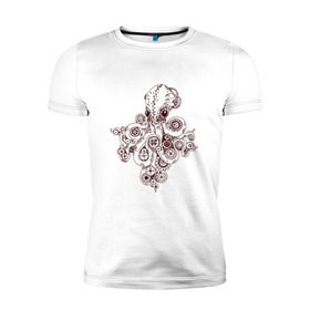 Мужская футболка премиум с принтом Steampunk octopus в Кировске, 92% хлопок, 8% лайкра | приталенный силуэт, круглый вырез ворота, длина до линии бедра, короткий рукав | gear | octopus | sea | steampunk | арт | осьминог | стимпанк | шестеренка