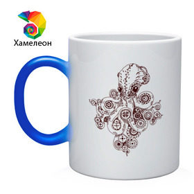 Кружка хамелеон с принтом Steampunk octopus в Кировске, керамика | меняет цвет при нагревании, емкость 330 мл | gear | octopus | sea | steampunk | арт | осьминог | стимпанк | шестеренка