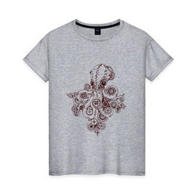 Женская футболка хлопок с принтом Steampunk octopus в Кировске, 100% хлопок | прямой крой, круглый вырез горловины, длина до линии бедер, слегка спущенное плечо | gear | octopus | sea | steampunk | арт | осьминог | стимпанк | шестеренка