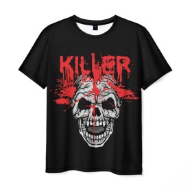 Мужская футболка 3D с принтом Killer в Кировске, 100% полиэфир | прямой крой, круглый вырез горловины, длина до линии бедер | blood | dead | death | drops | fear | halloween | happy | holiday | killer | red | skull | splashes | брызги | капли | красный | кровь | мертвый | праздник | счастливый | хэллоуин | череп