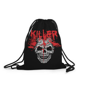 Рюкзак-мешок 3D с принтом Killer в Кировске, 100% полиэстер | плотность ткани — 200 г/м2, размер — 35 х 45 см; лямки — толстые шнурки, застежка на шнуровке, без карманов и подкладки | blood | dead | death | drops | fear | halloween | happy | holiday | killer | red | skull | splashes | брызги | капли | красный | кровь | мертвый | праздник | счастливый | хэллоуин | череп