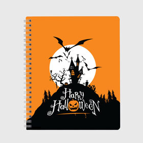 Тетрадь с принтом Happy Halloween в Кировске, 100% бумага | 48 листов, плотность листов — 60 г/м2, плотность картонной обложки — 250 г/м2. Листы скреплены сбоку удобной пружинной спиралью. Уголки страниц и обложки скругленные. Цвет линий — светло-серый
 | cemetery | corpse | flying | forest | gallows | halloween | happy | holiday | house | mice | moon | night | owl | pumpkin | silhouette | tree | виселица | дерево | дом | кладбище | ле | летучие | луна | мертвец | мыши | ночь | праздник | силуэт | сова | с