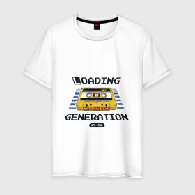 Мужская футболка хлопок с принтом Loading Generation в Кировске, 100% хлопок | прямой крой, круглый вырез горловины, длина до линии бедер, слегка спущенное плечо. | 1982 | аудиокассета | загрузка | кассета | поколение