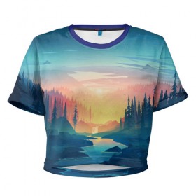 Женская футболка 3D укороченная с принтом Лес в Кировске, 100% полиэстер | круглая горловина, длина футболки до линии талии, рукава с отворотами | firewatch | forest | nature | river | tree | trees | деревья | лес | природа | река