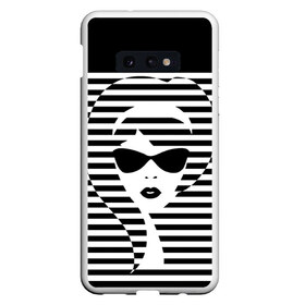 Чехол для Samsung S10E с принтом Pop art girl в Кировске, Силикон | Область печати: задняя сторона чехла, без боковых панелей | abstraction | background | band | black and white | fashion | girl | hair | pop art | silhouette | style | абстракция | девушка | мода | очки | полосы | поп  арт | прическа | силуэт | стиль | фон | черно  белый