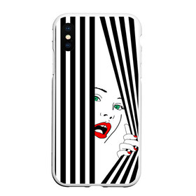 Чехол для iPhone XS Max матовый с принтом Pop art girl в Кировске, Силикон | Область печати: задняя сторона чехла, без боковых панелей | Тематика изображения на принте: abstraction | background | band | black and white | fashion | girl | hair | pop art | silhouette | style | абстракция | девушка | мода | полосы | поп  арт | прическа | силуэт | стиль | фон | черно  белый