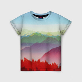 Детская футболка 3D с принтом Радужный пейзаж в Кировске, 100% гипоаллергенный полиэфир | прямой крой, круглый вырез горловины, длина до линии бедер, чуть спущенное плечо, ткань немного тянется | горы | деревья | дождь | лес | массив | небо | природа | рельеф | скалы | яркий