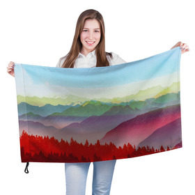 Флаг 3D с принтом Радужный пейзаж в Кировске, 100% полиэстер | плотность ткани — 95 г/м2, размер — 67 х 109 см. Принт наносится с одной стороны | горы | деревья | дождь | лес | массив | небо | природа | рельеф | скалы | яркий
