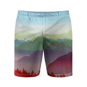 Мужские шорты 3D спортивные с принтом Радужный пейзаж в Кировске,  |  | горы | деревья | дождь | лес | массив | небо | природа | рельеф | скалы | яркий