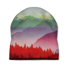 Шапка 3D с принтом Радужный пейзаж в Кировске, 100% полиэстер | универсальный размер, печать по всей поверхности изделия | Тематика изображения на принте: горы | деревья | дождь | лес | массив | небо | природа | рельеф | скалы | яркий