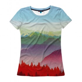 Женская футболка 3D с принтом Радужный пейзаж в Кировске, 100% полиэфир ( синтетическое хлопкоподобное полотно) | прямой крой, круглый вырез горловины, длина до линии бедер | горы | деревья | дождь | лес | массив | небо | природа | рельеф | скалы | яркий