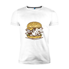 Мужская футболка премиум с принтом Котбургер в Кировске, 92% хлопок, 8% лайкра | приталенный силуэт, круглый вырез ворота, длина до линии бедра, короткий рукав | булка | бургер | гамбургер | детский | еда | животные | картинка | кот | коте | котенок | котята | кошка | милые | рисунок | смешные | сыр | чизбургер