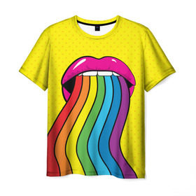 Мужская футболка 3D с принтом Pop art в Кировске, 100% полиэфир | прямой крой, круглый вырез горловины, длина до линии бедер | Тематика изображения на принте: fun | lip color | mouth | pop art | rainbow | reggae | spectrum | style | summer | teeth | yellow | веселье | губы | желтый | зубы | лето | поп арт | радуга | рот | спектр | стиль | цвет