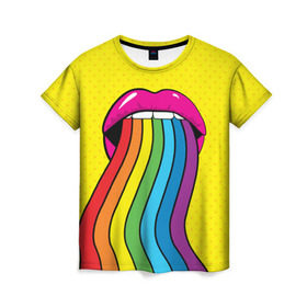 Женская футболка 3D с принтом Pop art в Кировске, 100% полиэфир ( синтетическое хлопкоподобное полотно) | прямой крой, круглый вырез горловины, длина до линии бедер | fun | lip color | mouth | pop art | rainbow | reggae | spectrum | style | summer | teeth | yellow | веселье | губы | желтый | зубы | лето | поп арт | радуга | рот | спектр | стиль | цвет