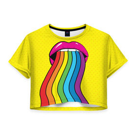 Женская футболка 3D укороченная с принтом Pop art в Кировске, 100% полиэстер | круглая горловина, длина футболки до линии талии, рукава с отворотами | fun | lip color | mouth | pop art | rainbow | reggae | spectrum | style | summer | teeth | yellow | веселье | губы | желтый | зубы | лето | поп арт | радуга | рот | спектр | стиль | цвет