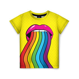 Детская футболка 3D с принтом Pop art в Кировске, 100% гипоаллергенный полиэфир | прямой крой, круглый вырез горловины, длина до линии бедер, чуть спущенное плечо, ткань немного тянется | fun | lip color | mouth | pop art | rainbow | reggae | spectrum | style | summer | teeth | yellow | веселье | губы | желтый | зубы | лето | поп арт | радуга | рот | спектр | стиль | цвет