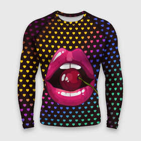 Мужской рашгард 3D с принтом Pop art в Кировске,  |  | cherry | colorful | fashion | funny | gesture | lips | lipstick | makeup | mouth | pop art | rainbow | style | веселый | вишенка | вишня | губы | жест | зубы | клубный | любовь | макияж | мода | помада | поп арт | прикольный | радуга | рот | стиль | страс