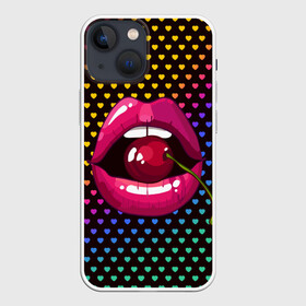 Чехол для iPhone 13 mini с принтом Pop art в Кировске,  |  | Тематика изображения на принте: cherry | colorful | fashion | funny | gesture | lips | lipstick | makeup | mouth | pop art | rainbow | style | веселый | вишенка | вишня | губы | жест | зубы | клубный | любовь | макияж | мода | помада | поп арт | прикольный | радуга | рот | стиль | страс