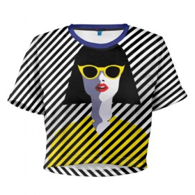 Женская футболка 3D укороченная с принтом Pop art girl в Кировске, 100% полиэстер | круглая горловина, длина футболки до линии талии, рукава с отворотами | abstraction | bright | color | fashion | hair | lines | lips | pop art | rack | red | style | yellow | абстракция | губы | желтый | каре | красный | линии | мода | очки | поп арт | прическа | стиль | цвет | яркий