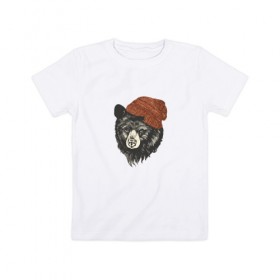 Детская футболка хлопок с принтом Медведь в шапке в Кировске, 100% хлопок | круглый вырез горловины, полуприлегающий силуэт, длина до линии бедер | 