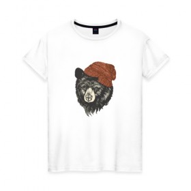 Женская футболка хлопок с принтом Медведь в шапке в Кировске, 100% хлопок | прямой крой, круглый вырез горловины, длина до линии бедер, слегка спущенное плечо | 