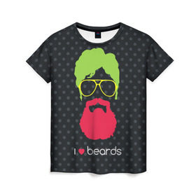 Женская футболка 3D с принтом I like beards в Кировске, 100% полиэфир ( синтетическое хлопкоподобное полотно) | прямой крой, круглый вырез горловины, длина до линии бедер | acid | background | beard | bright | club | color | face | fashion | head | hipster | male | mustache | p | pop art | style | борода | голова | горох | кислотный | клубный | лицо | мода | мужчина | очки | поп арт | стиль | усы | фон | хипстер | 