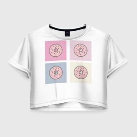 Женская футболка 3D укороченная с принтом Пончики в Кировске, 100% полиэстер | круглая горловина, длина футболки до линии талии, рукава с отворотами | пончики | сладкий