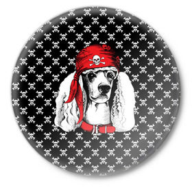 Значок с принтом Пудель пират в Кировске,  металл | круглая форма, металлическая застежка в виде булавки | Тематика изображения на принте: animal | dog | pet | puppy | skull | арт | животные | пес | пират | пудель | собаки | текстура | череп