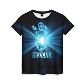 Женская футболка 3D с принтом Группа Nirvana в Кировске, 100% полиэфир ( синтетическое хлопкоподобное полотно) | прямой крой, круглый вырез горловины, длина до линии бедер | kurt cobain | nirvana | вечная память | гитара | гранж | кумир | курт кобейн | лучи | микрофон | музыкант | надпись | нирвана | певец | рок | свет