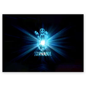 Поздравительная открытка с принтом Группа Nirvana в Кировске, 100% бумага | плотность бумаги 280 г/м2, матовая, на обратной стороне линовка и место для марки
 | Тематика изображения на принте: kurt cobain | nirvana | вечная память | гитара | гранж | кумир | курт кобейн | лучи | микрофон | музыкант | надпись | нирвана | певец | рок | свет
