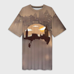 Платье-футболка 3D с принтом Шерлок Холмс Лондон в Кировске,  |  | актер | англия | бенедикт камбербэтч | биг бен | ватсон | великобритания | город | дома | дым | закат | королевство | лицо | лондон | мариарти | сериал | телесериал | трафарет | туманный альбион | улицы