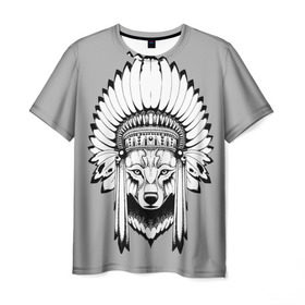 Мужская футболка 3D с принтом Волк - индеец в Кировске, 100% полиэфир | прямой крой, круглый вырез горловины, длина до линии бедер | Тематика изображения на принте: арт | минимализм | мода | стиль