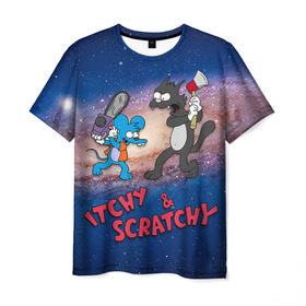 Мужская футболка 3D с принтом Itchy & Scratchy space в Кировске, 100% полиэфир | прямой крой, круглый вырез горловины, длина до линии бедер | Тематика изображения на принте: simpsons | the itchy  scratchy | симпсоны | щекотка и царапка