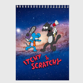 Скетчбук с принтом Itchy & Scratchy space в Кировске, 100% бумага
 | 48 листов, плотность листов — 100 г/м2, плотность картонной обложки — 250 г/м2. Листы скреплены сверху удобной пружинной спиралью | simpsons | the itchy  scratchy | симпсоны | щекотка и царапка