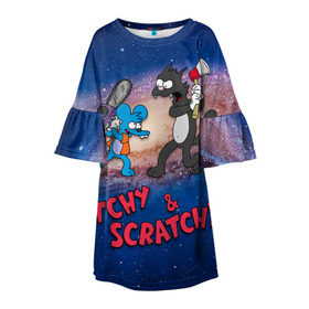 Детское платье 3D с принтом Itchy & Scratchy space в Кировске, 100% полиэстер | прямой силуэт, чуть расширенный к низу. Круглая горловина, на рукавах — воланы | simpsons | the itchy  scratchy | симпсоны | щекотка и царапка