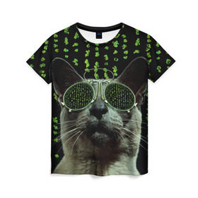Женская футболка 3D с принтом Кот в матрице в Кировске, 100% полиэфир ( синтетическое хлопкоподобное полотно) | прямой крой, круглый вырез горловины, длина до линии бедер | Тематика изображения на принте: кот | матрица | очки