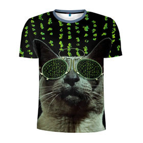 Мужская футболка 3D спортивная с принтом Кот в матрице в Кировске, 100% полиэстер с улучшенными характеристиками | приталенный силуэт, круглая горловина, широкие плечи, сужается к линии бедра | кот | матрица | очки