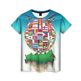 Женская футболка 3D с принтом Флаги в Кировске, 100% полиэфир ( синтетическое хлопкоподобное полотно) | прямой крой, круглый вырез горловины, длина до линии бедер | америка | казахстан | карта | россия | туризм | флаг | флаги | шар