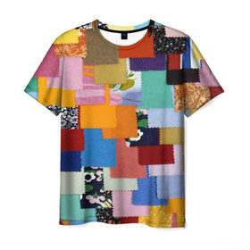 Мужская футболка 3D с принтом Цветные лоскуты в Кировске, 100% полиэфир | прямой крой, круглый вырез горловины, длина до линии бедер | color | spray | капли красок | лоскуты | одежда | радуга | разноцветные | цветные