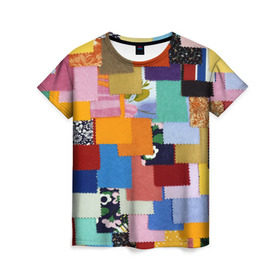Женская футболка 3D с принтом Цветные лоскуты в Кировске, 100% полиэфир ( синтетическое хлопкоподобное полотно) | прямой крой, круглый вырез горловины, длина до линии бедер | color | spray | капли красок | лоскуты | одежда | радуга | разноцветные | цветные