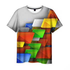 Мужская футболка 3D с принтом Абстрактные фигуры в Кировске, 100% полиэфир | прямой крой, круглый вырез горловины, длина до линии бедер | грань | краски | кубик | кубики | линии | мозаика | разноцветные кубы | ребро | текстура | тени | узор