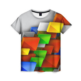 Женская футболка 3D с принтом Абстрактные фигуры в Кировске, 100% полиэфир ( синтетическое хлопкоподобное полотно) | прямой крой, круглый вырез горловины, длина до линии бедер | грань | краски | кубик | кубики | линии | мозаика | разноцветные кубы | ребро | текстура | тени | узор