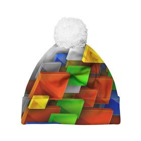Шапка 3D c помпоном с принтом Абстрактные фигуры в Кировске, 100% полиэстер | универсальный размер, печать по всей поверхности изделия | грань | краски | кубик | кубики | линии | мозаика | разноцветные кубы | ребро | текстура | тени | узор