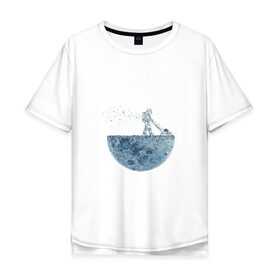 Мужская футболка хлопок Oversize с принтом Стрижет луну в Кировске, 100% хлопок | свободный крой, круглый ворот, “спинка” длиннее передней части | газонокосилка | звезды | космонавт | космос | луна | луны | поверхность | пузыри | рисунок | скафандр | фантастика