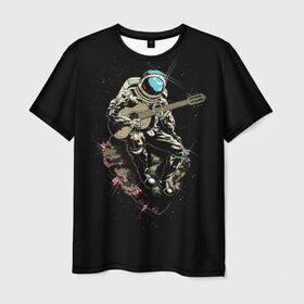 Мужская футболка 3D с принтом Космонавт с гитарой в Кировске, 100% полиэфир | прямой крой, круглый вырез горловины, длина до линии бедер | Тематика изображения на принте: гитара | звезды | земля | космонавт | космос | рок | сфера