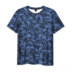 Мужская футболка 3D с принтом Камуфляж с дельфинами в Кировске, 100% полиэфир | прямой крой, круглый вырез горловины, длина до линии бедер | Тематика изображения на принте: вода | дельфин | дельфины | милитари | море | океан | паттерн | синий | текстура | черное